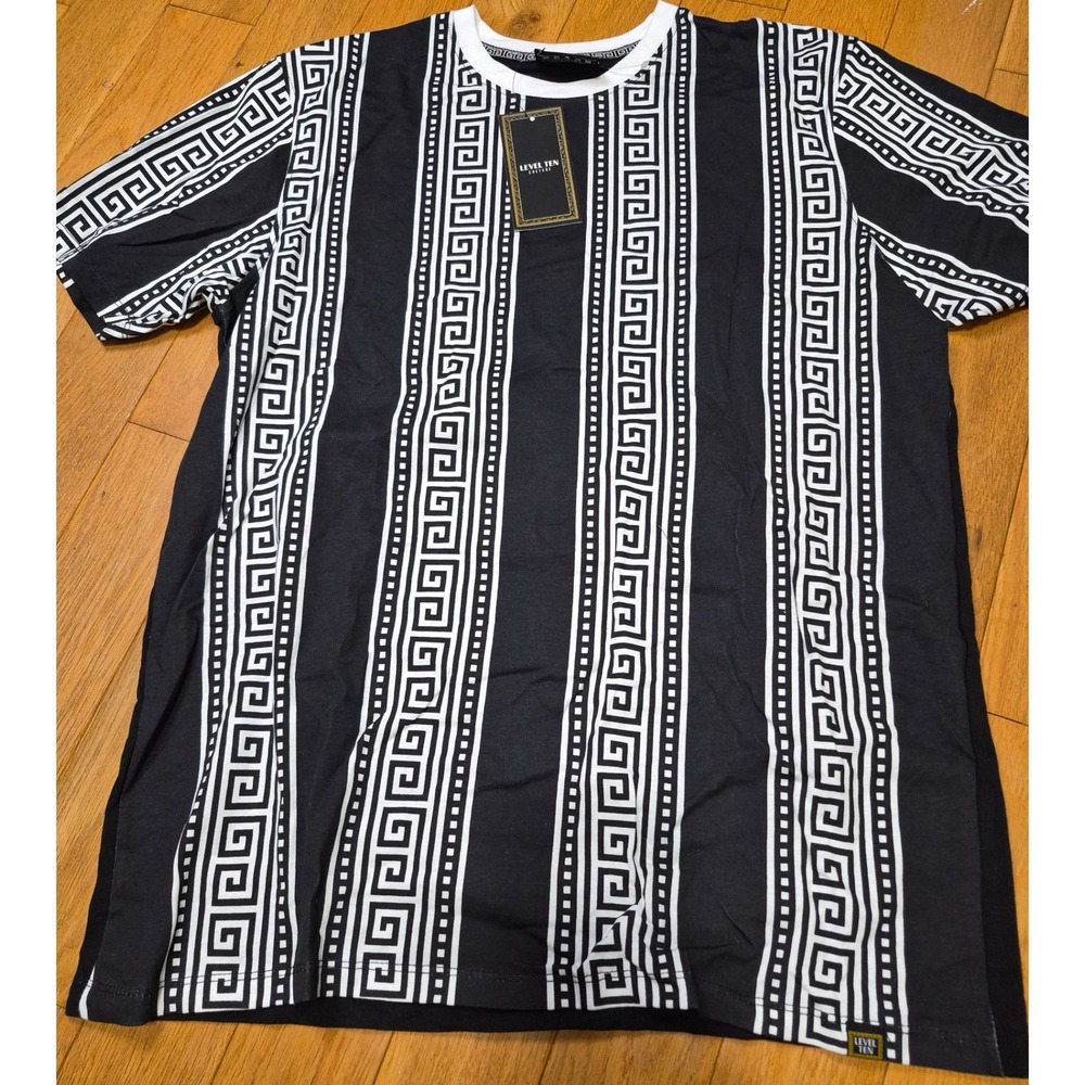 Level Ten Couture Mens Black White Greek Key Stripe Knit Tee Shirt LVLT-1206 L